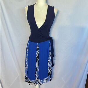 Diane Von Furstenberg Navy and Royal Blue Wrap Dress with Floral Panels